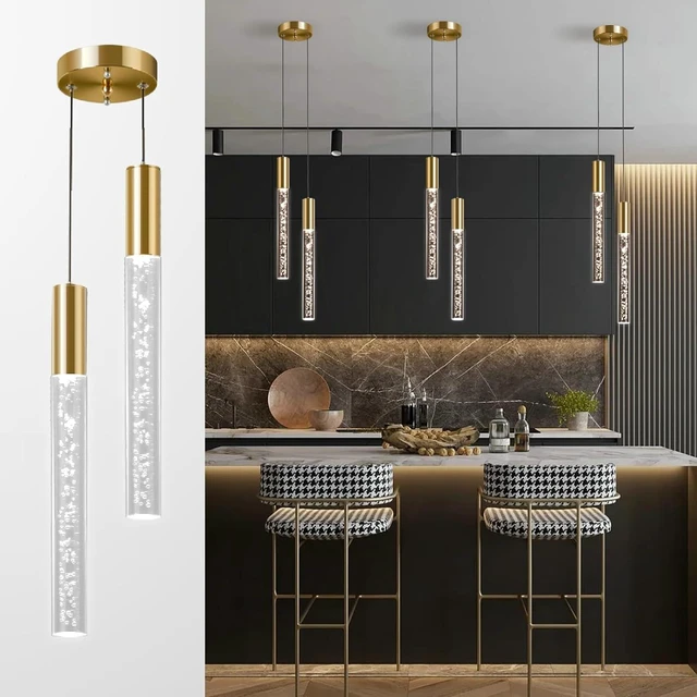 Main image of Modern 2-Light Gold Pendant Light Fixture for Kitchen Island, 3-Color LED Acrylic Pendant Lighting Cord Adjustable Ceiling Hanging Lights for Living Room Bedroom Dining Room (Gold,2-Light)