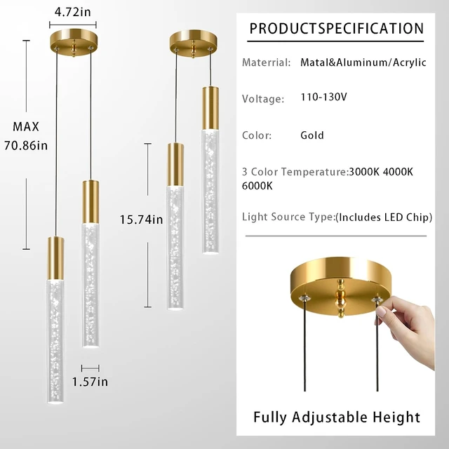 Alt view image 4 of 7 - Modern 2-Light Gold Pendant Light Fixture for Kitchen Island, 3-Color LED Acrylic Pendant Lighting Cord Adjustable Ceiling Hanging Lights for Living Room Bedroom Dining Room (Gold,2-Light)