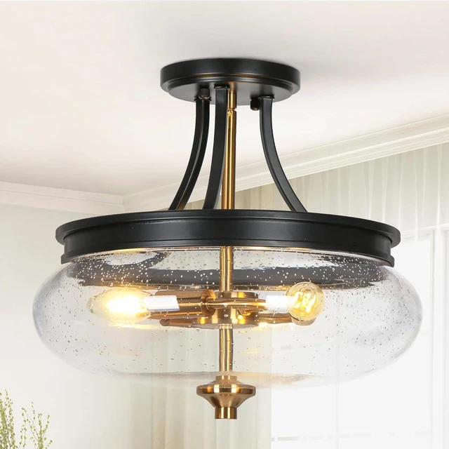 Main image of classy leaves Semi Flush Mount Ceiling Light, Black Gold Close to Ceiling Light Fixture 3 Light Modern Farmhouse Ceiling Light with Seeded Glass for Kitchen Bedroom Hallway Entryway