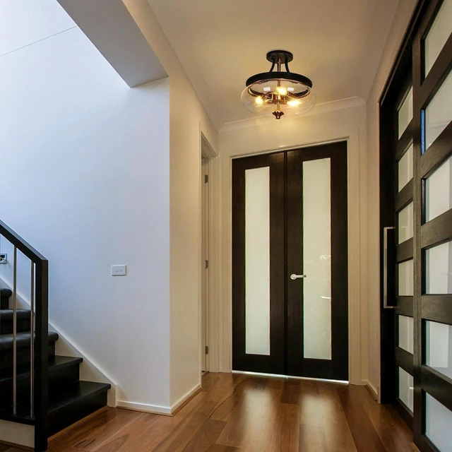 Alt view image 3 of 7 - classy leaves Semi Flush Mount Ceiling Light, Black Gold Close to Ceiling Light Fixture 3 Light Modern Farmhouse Ceiling Light with Seeded Glass for Kitchen Bedroom Hallway Entryway