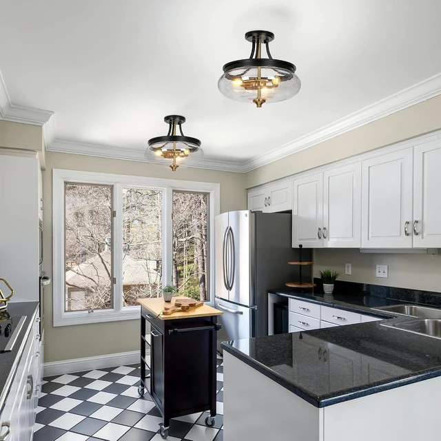 Alt view image 4 of 7 - classy leaves Semi Flush Mount Ceiling Light, Black Gold Close to Ceiling Light Fixture 3 Light Modern Farmhouse Ceiling Light with Seeded Glass for Kitchen Bedroom Hallway Entryway