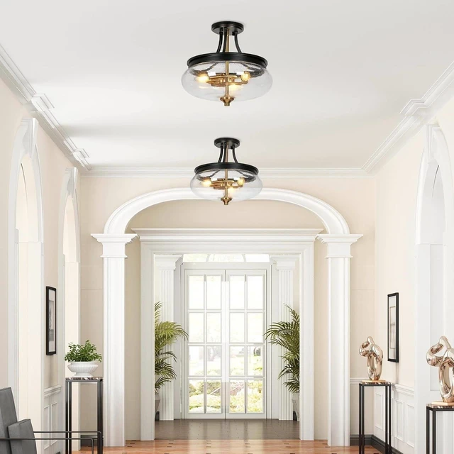 Alt view image 5 of 7 - classy leaves Semi Flush Mount Ceiling Light, Black Gold Close to Ceiling Light Fixture 3 Light Modern Farmhouse Ceiling Light with Seeded Glass for Kitchen Bedroom Hallway Entryway