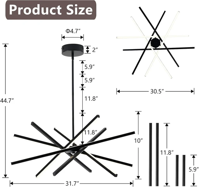 Alt view image 3 of 7 - Modern Black Chandelier Light Fixtures - LED 6-Lights Dining Room Linear Chandeliers Sputnik Pendant Lights Fixture Over Table 3000K 4500K 6000K Dimmable for Kitchen Island Living Room