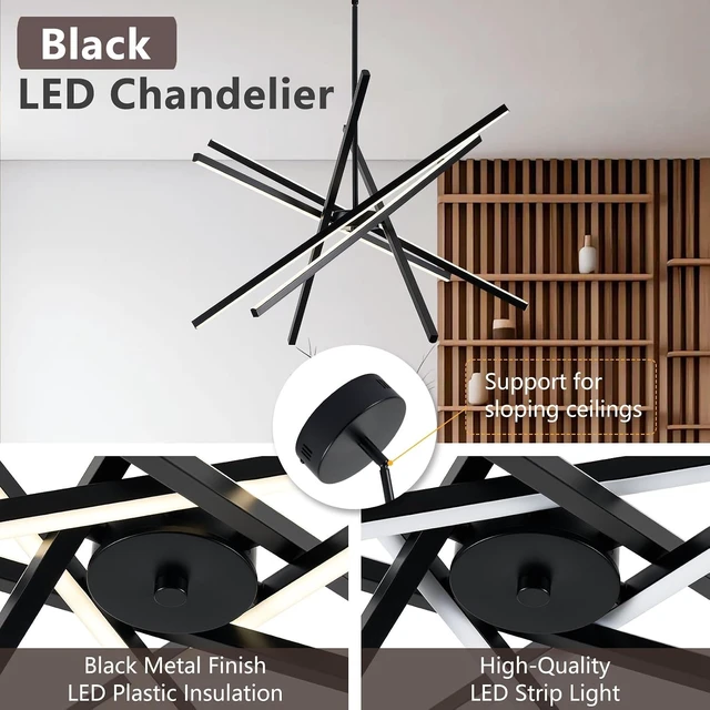 Alt view image 4 of 7 - Modern Black Chandelier Light Fixtures - LED 6-Lights Dining Room Linear Chandeliers Sputnik Pendant Lights Fixture Over Table 3000K 4500K 6000K Dimmable for Kitchen Island Living Room