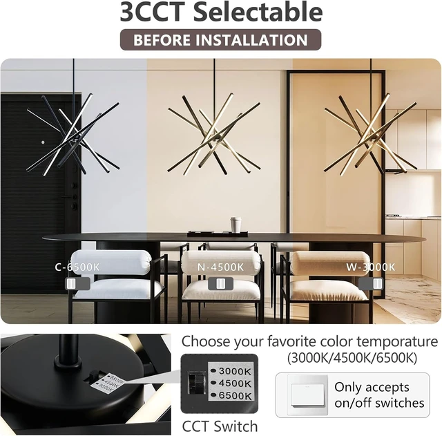Alt view image 5 of 7 - Modern Black Chandelier Light Fixtures - LED 6-Lights Dining Room Linear Chandeliers Sputnik Pendant Lights Fixture Over Table 3000K 4500K 6000K Dimmable for Kitchen Island Living Room