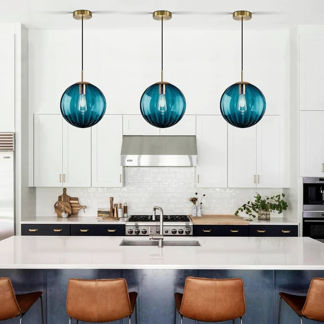 Alt view image 3 of 7 - Modern Blue Glass Pendant Light, Kitchen Island Lighting 3-Pack Globe Pendant Light Fixtures Century Kitchen Island Pendant Lighting for Bedroom Living Dining Room Light Fixture (Without Bulb)