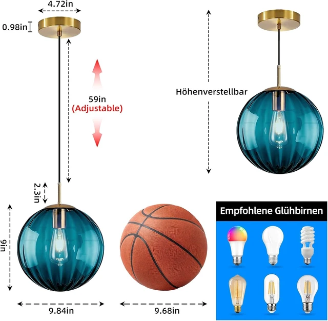 Alt view image 4 of 7 - Modern Blue Glass Pendant Light, Kitchen Island Lighting 3-Pack Globe Pendant Light Fixtures Century Kitchen Island Pendant Lighting for Bedroom Living Dining Room Light Fixture (Without Bulb)