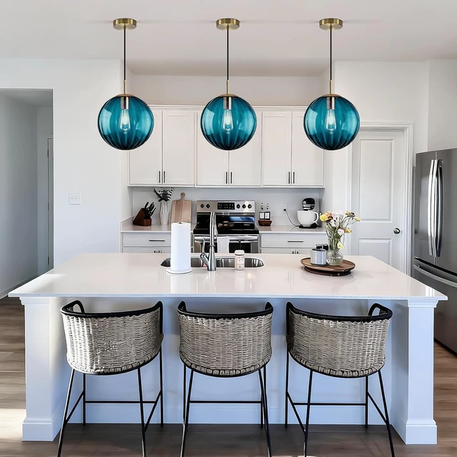 Alt view image 5 of 7 - Modern Blue Glass Pendant Light, Kitchen Island Lighting 3-Pack Globe Pendant Light Fixtures Century Kitchen Island Pendant Lighting for Bedroom Living Dining Room Light Fixture (Without Bulb)