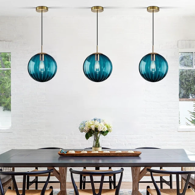 Alt view image 6 of 7 - Modern Blue Glass Pendant Light, Kitchen Island Lighting 3-Pack Globe Pendant Light Fixtures Century Kitchen Island Pendant Lighting for Bedroom Living Dining Room Light Fixture (Without Bulb)