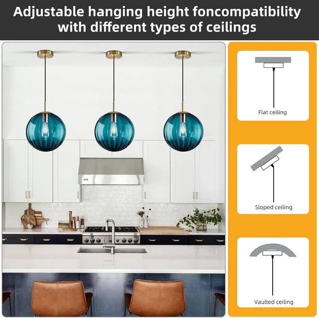 Alt view image 7 of 7 - Modern Blue Glass Pendant Light, Kitchen Island Lighting 3-Pack Globe Pendant Light Fixtures Century Kitchen Island Pendant Lighting for Bedroom Living Dining Room Light Fixture (Without Bulb)