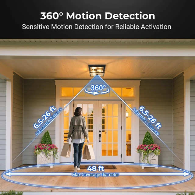 Alt view image 3 of 7 - VIANIS Motion Sensor Outdoor Ceiling Light with Remote Control, Adjustable Distance Time Flush Mount Porch Ceiling Light for Garage,Porch, Entryway, 5 Modes, Black, Tempered Glass, Square