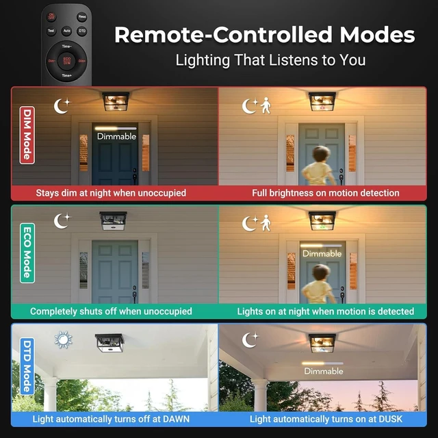 Alt view image 2 of 7 - VIANIS Motion Sensor Outdoor Ceiling Light with Remote Control, Adjustable Distance Time Flush Mount Porch Ceiling Light for Garage,Porch, Entryway, 5 Modes, Black, Tempered Glass, Square