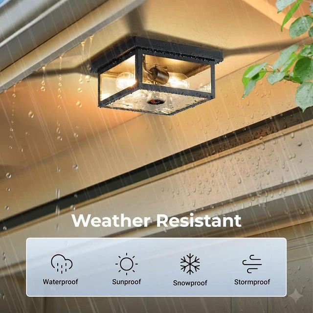 Alt view image 4 of 7 - VIANIS Motion Sensor Outdoor Ceiling Light with Remote Control, Adjustable Distance Time Flush Mount Porch Ceiling Light for Garage,Porch, Entryway, 5 Modes, Black, Tempered Glass, Square
