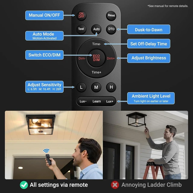 Alt view image 5 of 7 - VIANIS Motion Sensor Outdoor Ceiling Light with Remote Control, Adjustable Distance Time Flush Mount Porch Ceiling Light for Garage,Porch, Entryway, 5 Modes, Black, Tempered Glass, Square