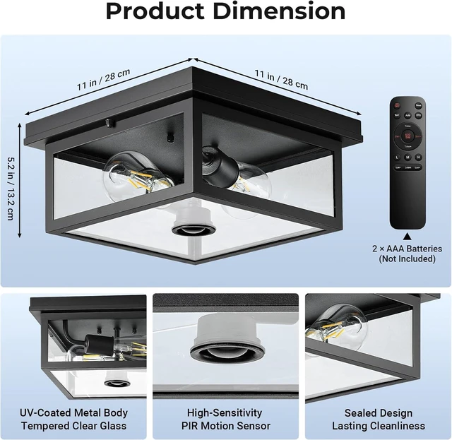 Alt view image 6 of 7 - VIANIS Motion Sensor Outdoor Ceiling Light with Remote Control, Adjustable Distance Time Flush Mount Porch Ceiling Light for Garage,Porch, Entryway, 5 Modes, Black, Tempered Glass, Square