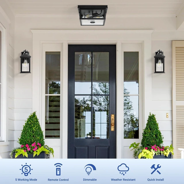 Alt view image 7 of 7 - VIANIS Motion Sensor Outdoor Ceiling Light with Remote Control, Adjustable Distance Time Flush Mount Porch Ceiling Light for Garage,Porch, Entryway, 5 Modes, Black, Tempered Glass, Square
