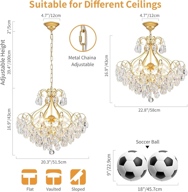 Alt view image 4 of 7 - Crystal Candle Chandelier Pendant Flushmount Ceiling Light Modern Lighting Fixture for Bedroom Hallway Bar Kitchen Bathroom, H 16.9" x W 22.8", Gold, E12 Base
