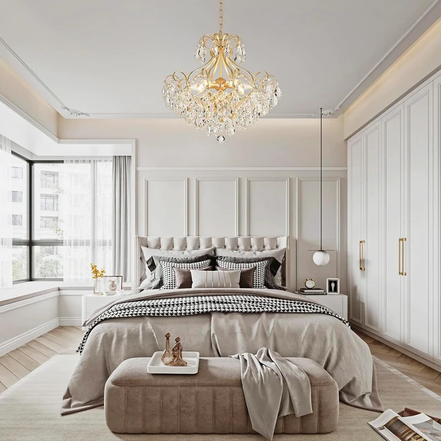 Alt view image 7 of 7 - Crystal Candle Chandelier Pendant Flushmount Ceiling Light Modern Lighting Fixture for Bedroom Hallway Bar Kitchen Bathroom, H 16.9" x W 22.8", Gold, E12 Base