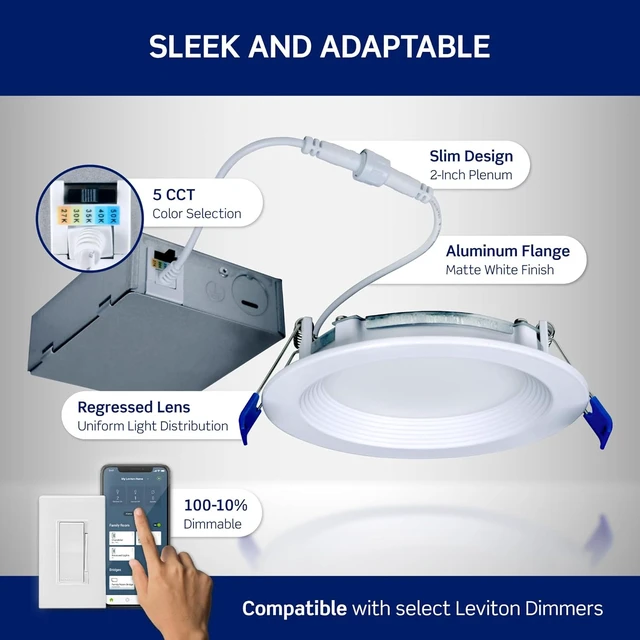 Alt view image 5 of 7 - Leviton 6 in. Round Baffle Slim Downlight, 1100 Lumens, 5 CCT Color Selectable 2700K-5000K, Dimmable, DBR60-S1W, White