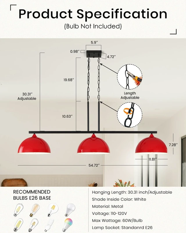 Alt view image 2 of 7 - 3-Light Red Island Lights for Kitchen, Dome Island Light Fixture, Modern Farmhouse Chandelier, Kitchen Lights Over Island, Hanging Island Pendant Lights for Kitchen, Dining Room, Bar