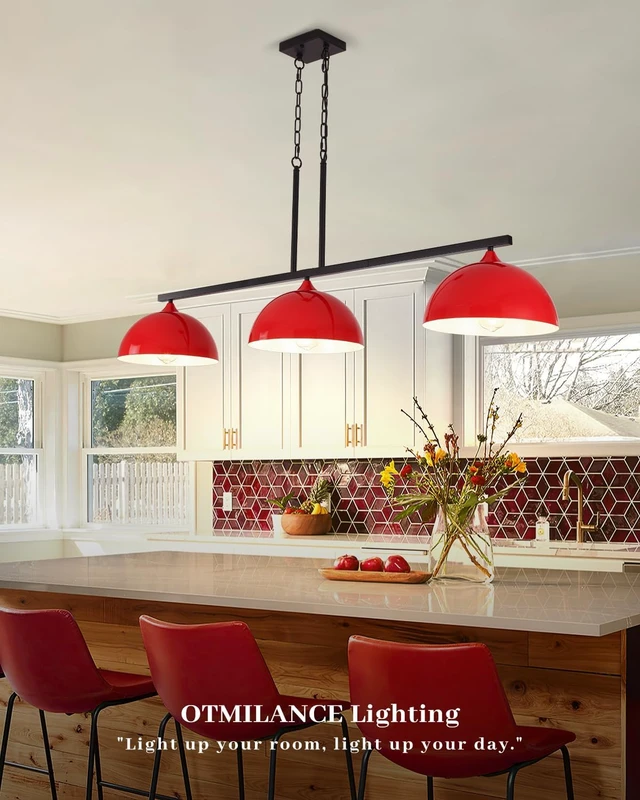 Alt view image 3 of 7 - 3-Light Red Island Lights for Kitchen, Dome Island Light Fixture, Modern Farmhouse Chandelier, Kitchen Lights Over Island, Hanging Island Pendant Lights for Kitchen, Dining Room, Bar