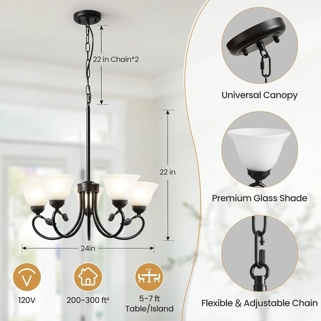Alt view image 5 of 7 - 5-Light Black Chandelier, Farmhouse Dining Room Light Fixture with Opal Glass Shade, Modern Chandelier for Dining Room Over Table, Height Adjustable Hanging Lighting Fixture for Kitchen Island Foyer