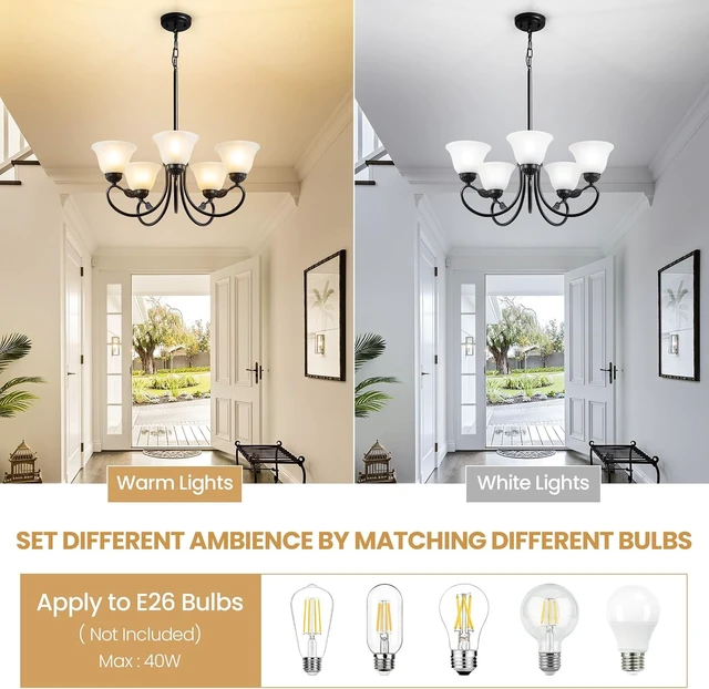 Alt view image 6 of 7 - 5-Light Black Chandelier, Farmhouse Dining Room Light Fixture with Opal Glass Shade, Modern Chandelier for Dining Room Over Table, Height Adjustable Hanging Lighting Fixture for Kitchen Island Foyer
