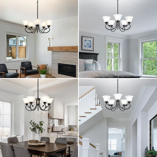 Alt view image 7 of 7 - 5-Light Black Chandelier, Farmhouse Dining Room Light Fixture with Opal Glass Shade, Modern Chandelier for Dining Room Over Table, Height Adjustable Hanging Lighting Fixture for Kitchen Island Foyer