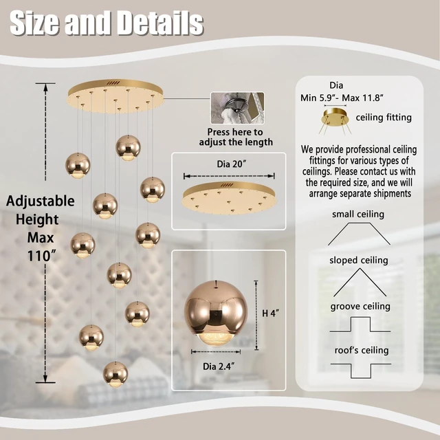 Alt view image 6 of 7 - ykolupty 10-Light LED Staircase Gold Chandelier Crystal Ceiling Lights Large Chandeliers for High Ceilings, Entryway Modern Lighting Fixture Villas and Stairs