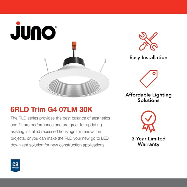 Alt view image 2 of 7 - Juno 6 Inch LED Recessed Lighting, G4 Series Retrofit LED Downlight, Ceiling Light for Kitchen or Shower, 700 Lumens, 3000K Warm White, Wet Location Rated, Dimmable, Baffle Trim