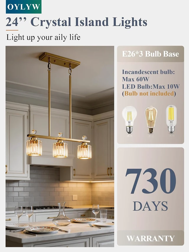 Alt view image 2 of 7 - Crystal Island Light for Kitchen Over Table,Gold Linear Kitchen Island Lighting,3-Lights Pendant Light Fixture for Kitchen Counter, Dining Table & Bar with Luxury Crystal Shade