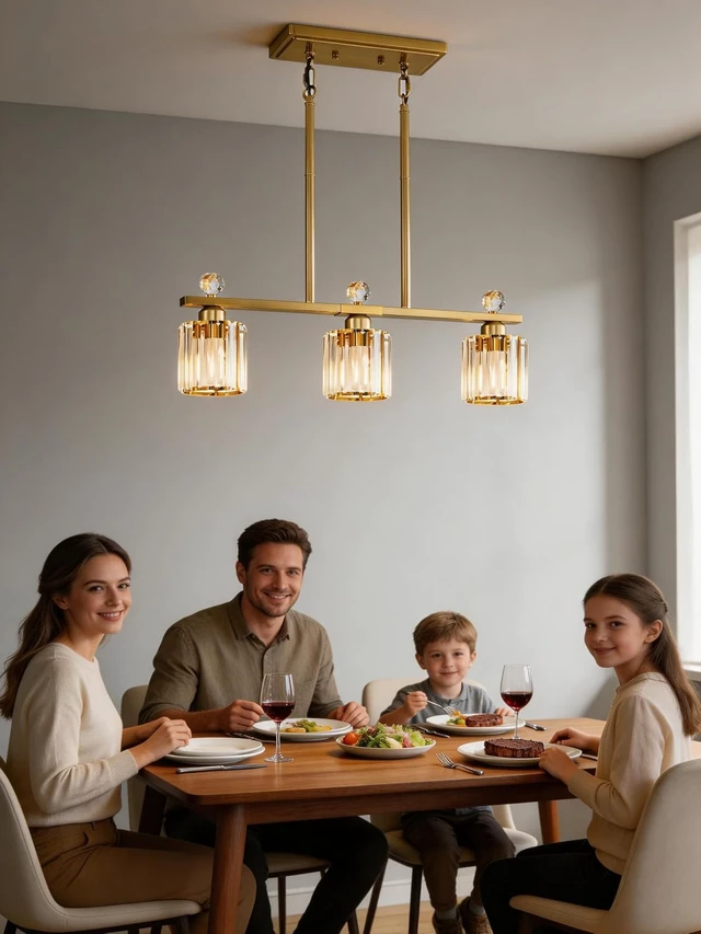Alt view image 3 of 7 - Crystal Island Light for Kitchen Over Table,Gold Linear Kitchen Island Lighting,3-Lights Pendant Light Fixture for Kitchen Counter, Dining Table & Bar with Luxury Crystal Shade