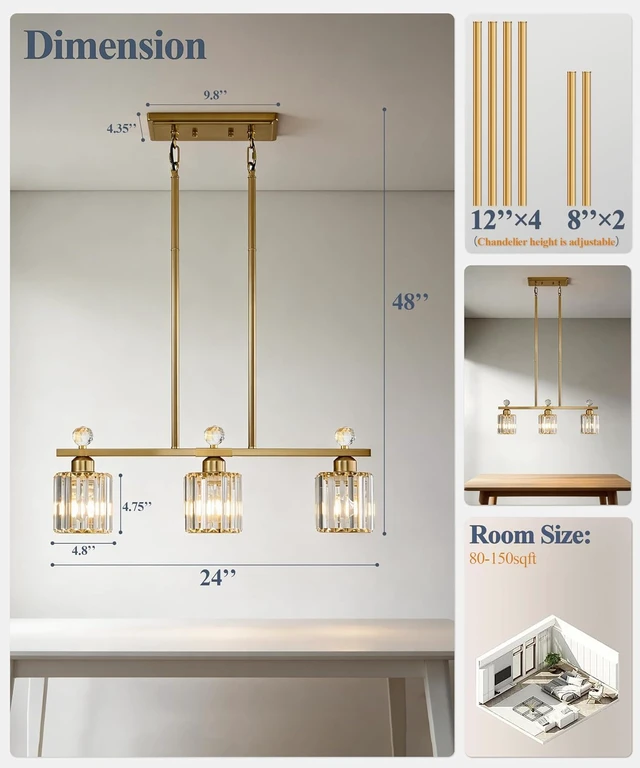 Alt view image 4 of 7 - Crystal Island Light for Kitchen Over Table,Gold Linear Kitchen Island Lighting,3-Lights Pendant Light Fixture for Kitchen Counter, Dining Table & Bar with Luxury Crystal Shade