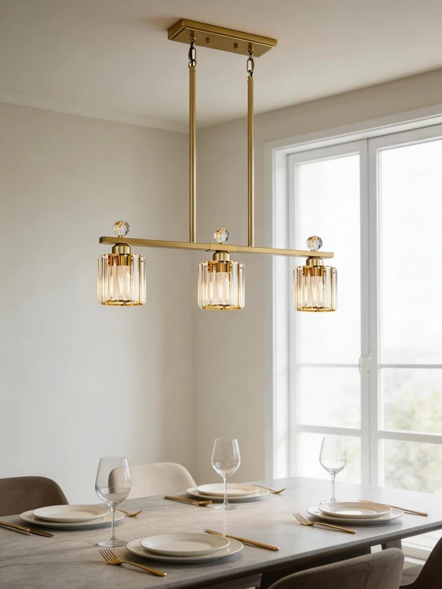 Alt view image 5 of 7 - Crystal Island Light for Kitchen Over Table,Gold Linear Kitchen Island Lighting,3-Lights Pendant Light Fixture for Kitchen Counter, Dining Table & Bar with Luxury Crystal Shade