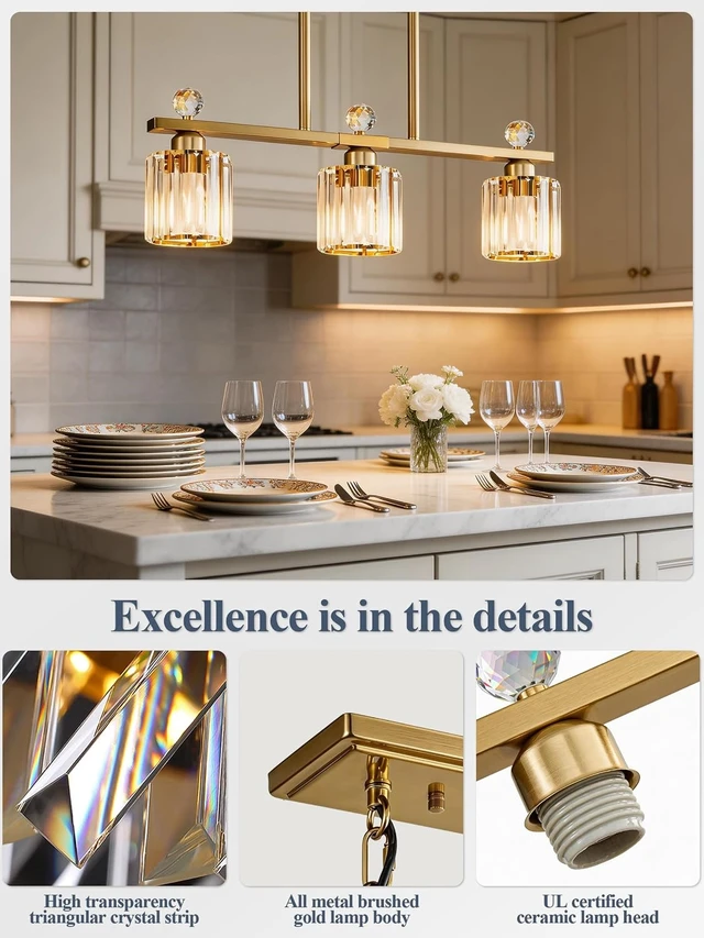 Alt view image 6 of 7 - Crystal Island Light for Kitchen Over Table,Gold Linear Kitchen Island Lighting,3-Lights Pendant Light Fixture for Kitchen Counter, Dining Table & Bar with Luxury Crystal Shade