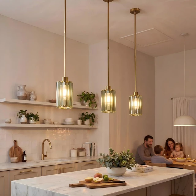 Alt view image 2 of 7 - Modern Olive Green Fluted Glass Pendant Light 2 Pack - Thick Ribbed Glass with Warm Glow, Adjustable E26 Hanging Lamp for Kitchen Island & Dining Room
