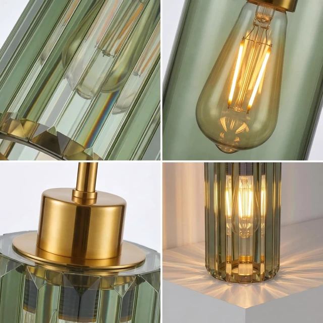Alt view image 5 of 7 - Modern Olive Green Fluted Glass Pendant Light 2 Pack - Thick Ribbed Glass with Warm Glow, Adjustable E26 Hanging Lamp for Kitchen Island & Dining Room