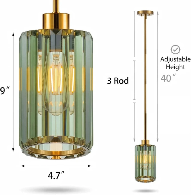 Alt view image 7 of 7 - Modern Olive Green Fluted Glass Pendant Light 2 Pack - Thick Ribbed Glass with Warm Glow, Adjustable E26 Hanging Lamp for Kitchen Island & Dining Room