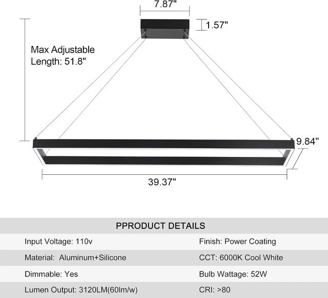 Alt view image 4 of 6 - Modern Black LED Rectangle Linear Chandelier, 39.4" for Kitchen