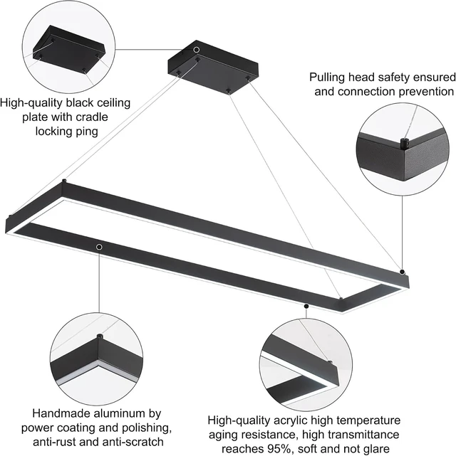 Alt view image 6 of 6 - Modern Black LED Rectangle Linear Chandelier, 39.4" for Kitchen