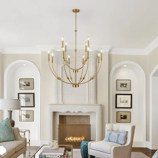 Main image of 12-Light Modern Farmhouse Brushed Brass Chandelier for High Ceilings