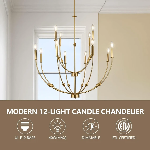 Alt view image 2 of 7 - 12-Light Modern Farmhouse Brushed Brass Chandelier for High Ceilings
