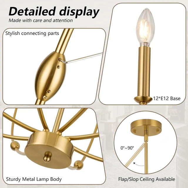 Alt view image 3 of 7 - 12-Light Modern Farmhouse Brushed Brass Chandelier for High Ceilings