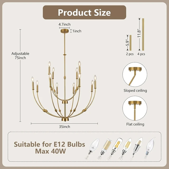 Alt view image 5 of 7 - 12-Light Modern Farmhouse Brushed Brass Chandelier for High Ceilings