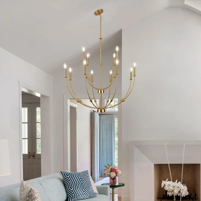 Alt view image 6 of 7 - 12-Light Modern Farmhouse Brushed Brass Chandelier for High Ceilings