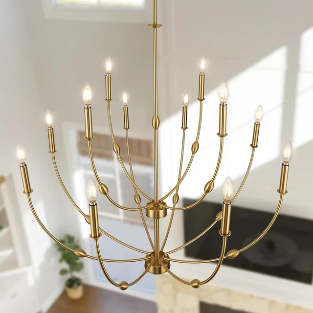 Alt view image 7 of 7 - 12-Light Modern Farmhouse Brushed Brass Chandelier for High Ceilings