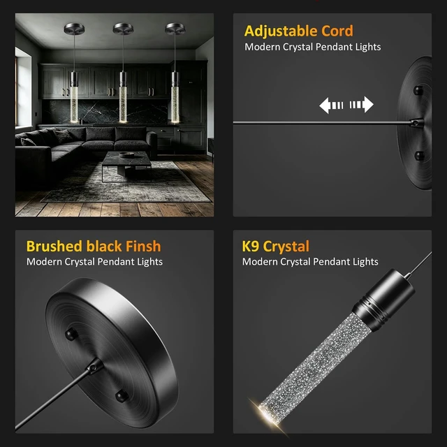 Alt view image 4 of 7 - 3 Pack Pendant Lights Kitchen Island, Modern Pendant Lighting with Crystal Bubble, Black Pendant Light Fixture Hanging Light for Dining Room Restaurant (Bulbs NOT Included)