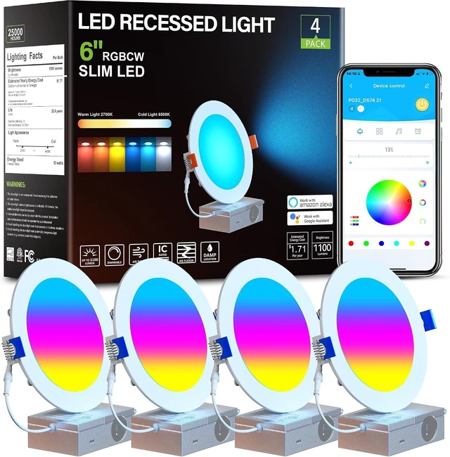 Main image of CHARKEE 6" Smart Recessed Lights, RGBCW, for Alexa and Google, 4-Pack