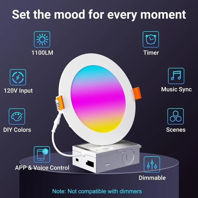 Alt view image 4 of 7 - CHARKEE 6" Smart Recessed Lights, RGBCW, for Alexa and Google, 4-Pack