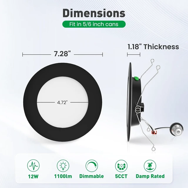 Alt view image 2 of 7 - ALUSSO 12 Pack 5/6 Inch LED Recessed Lights 5CCT Selectable 2700K-6000K, 1100LM Dimmable, Retrofit Trim Can Lights, Damp Rated, Black